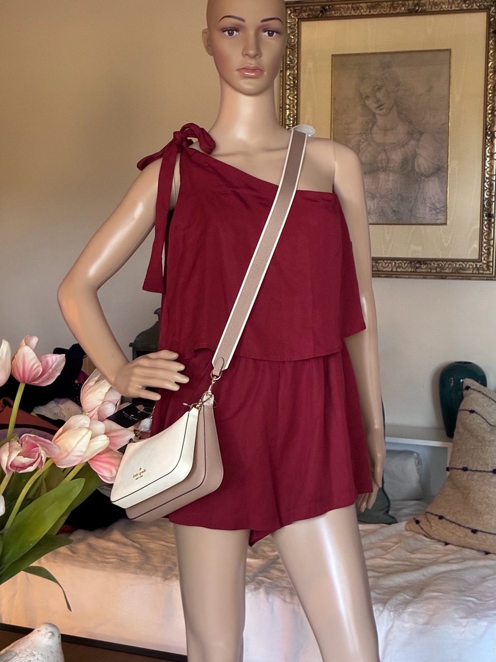 One-Shoulder Burgundy Romper with Tie Strap